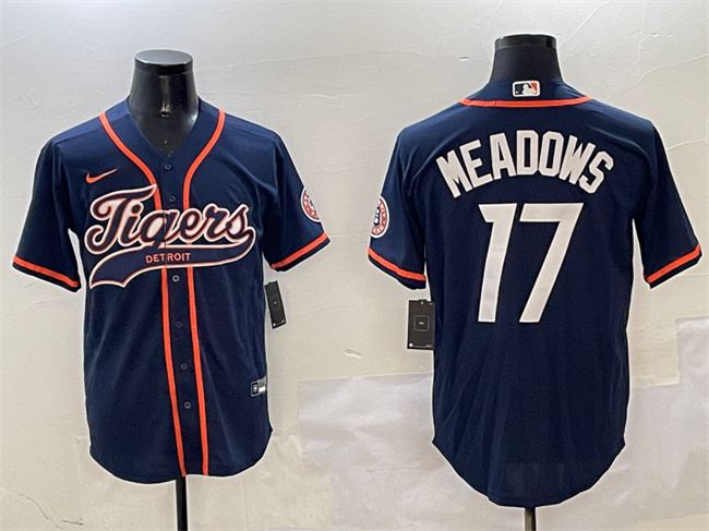 Men's Detroit Tigers #17 Parker Meadows Navy With Patch Cool Base Stitched Baseball Jersey Men's Detroit Tigers #17 Parker Meadows Navy With Patch Cool Base Stitched Baseball Jersey